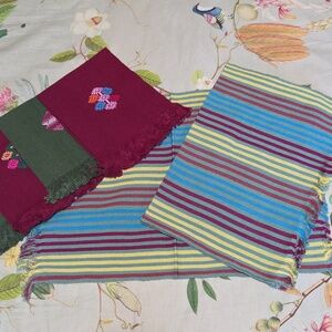 Striped Woven Placemats with Embroidered Maroon & Green Napkins Handmade Mexico